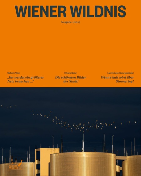 Cover 1/2027: oben Orange mit dem Schriftzug, unten Lachmöwen über den Tanks der Kläranlage Simmering.